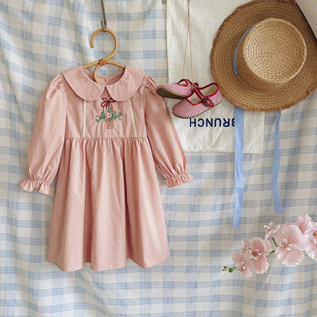 Arrival Autumn Girls Flowers Embroidery Pattern Long Sleeves Pink Dress