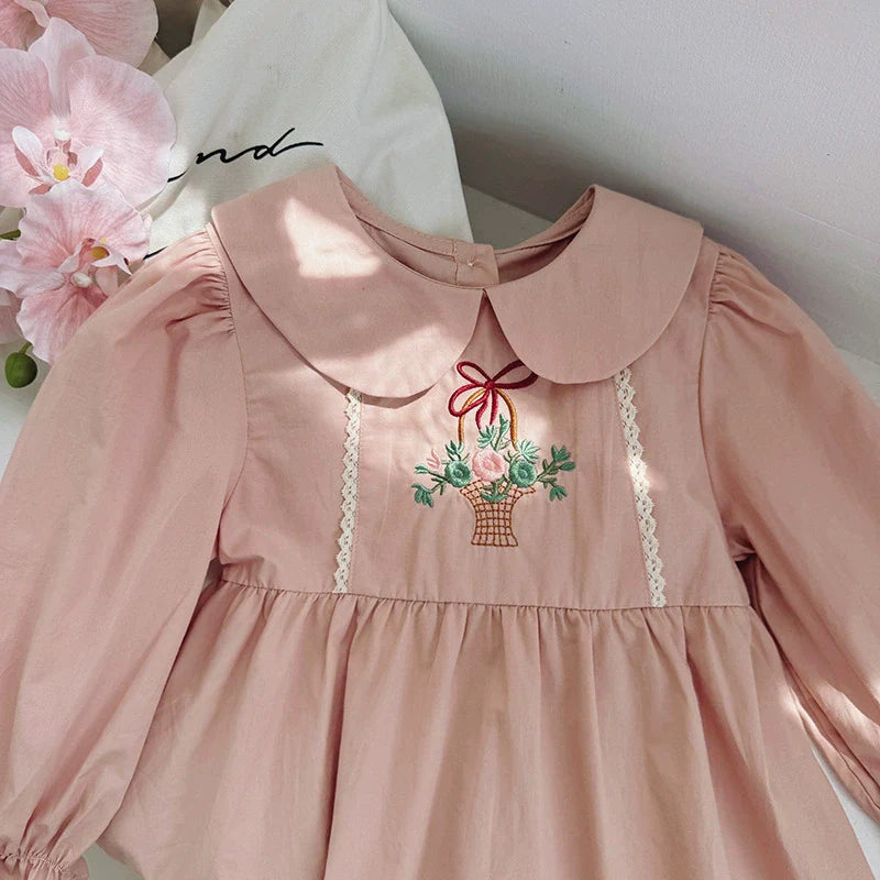 Arrival Autumn Girls Flowers Embroidery Pattern Long Sleeves Pink Dress