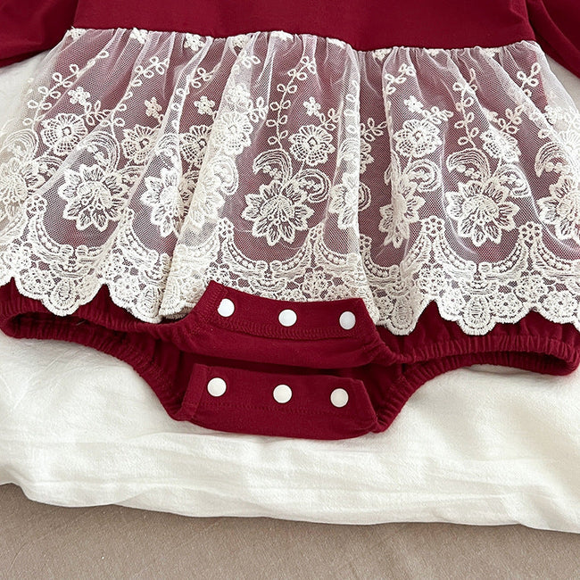 Autumn Arrival Baby Girls Long Sleeves Hollow-out Collar Tulle Patchwork Onesies