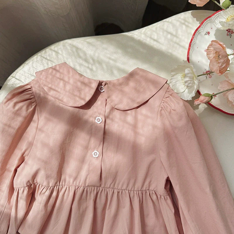 Arrival Autumn Girls Flowers Embroidery Pattern Long Sleeves Pink Dress