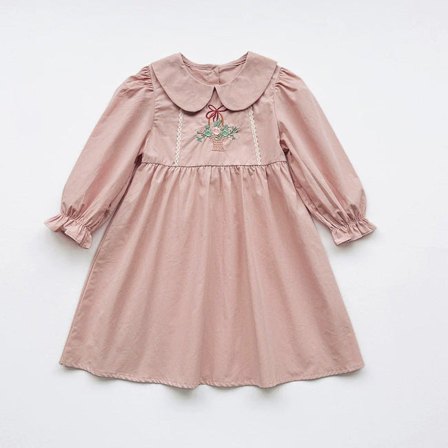 Arrival Autumn Girls Flowers Embroidery Pattern Long Sleeves Pink Dress