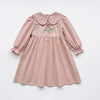 Arrival Autumn Girls Flowers Embroidery Pattern Long Sleeves Pink Dress