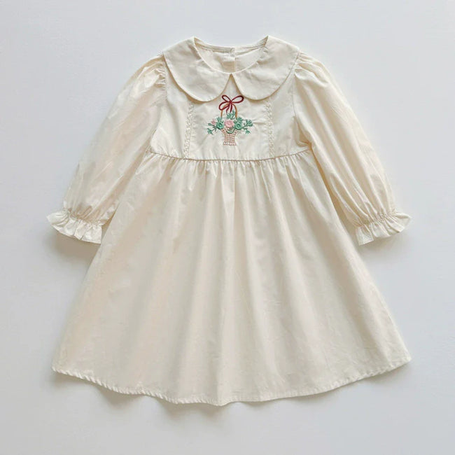 Arrival Autumn Girls Flowers Embroidery Pattern Long Sleeves Pink Dress