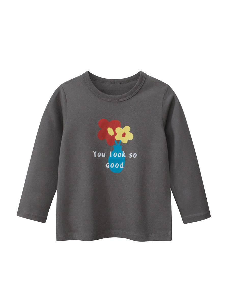 Autumn Arrival Kids Girls Flowers Cartoon and Letters Print Crew Neck Long Sleeves Pullover Sweatshirt