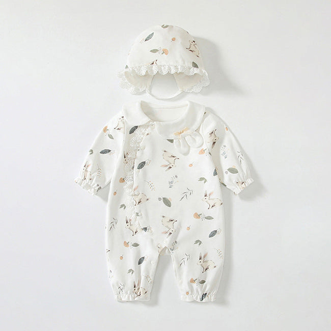 Spring New Arrival Baby Girls Flowers and Rabbits Pattern Romper with Cute Collar