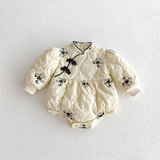 Infant Baby Girl Jacquard Embroidery Thick Warm Long Sleeve One Piece In Winter
