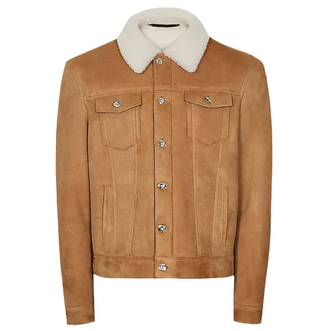 Suede Trucker Jacket with Shearling Collar-0