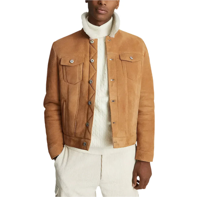 Suede Trucker Jacket with Shearling Collar-1