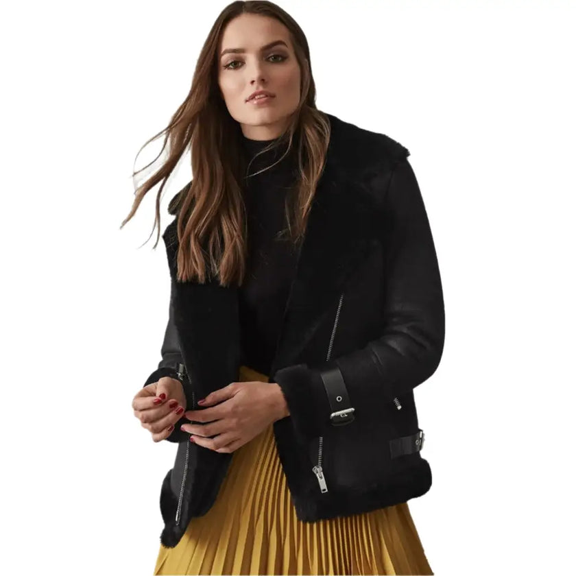 Womens Black Shearling Leather Jacket-0