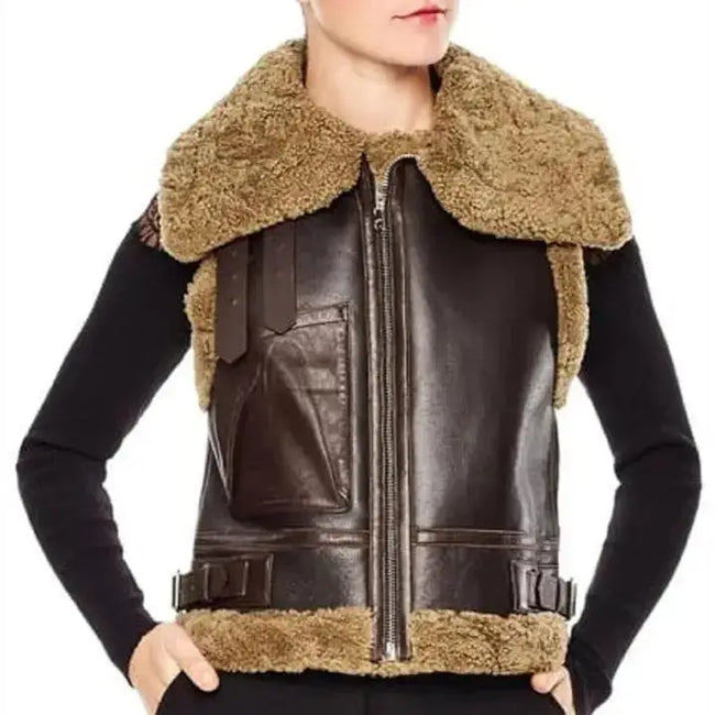 Women's Brown B3 RAF Aviator Shearling Bomber Vest-0