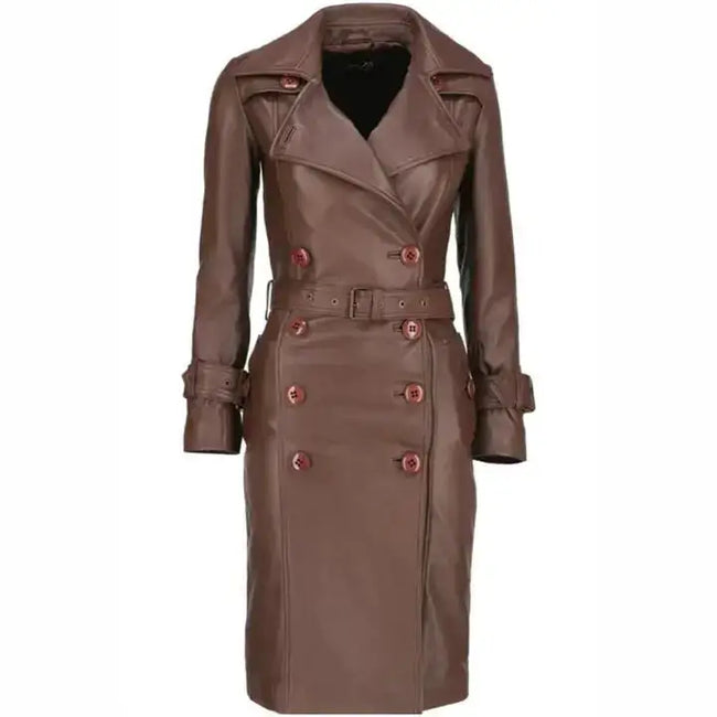 Women's Brown Leather Long Coat-0