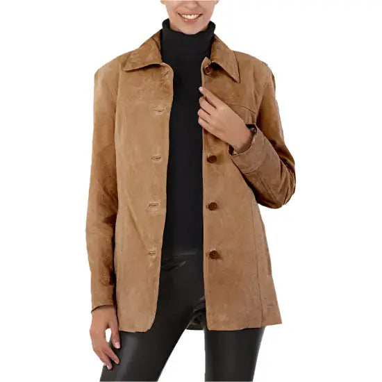 Women’s Brown Suede Leather Car Coat-0